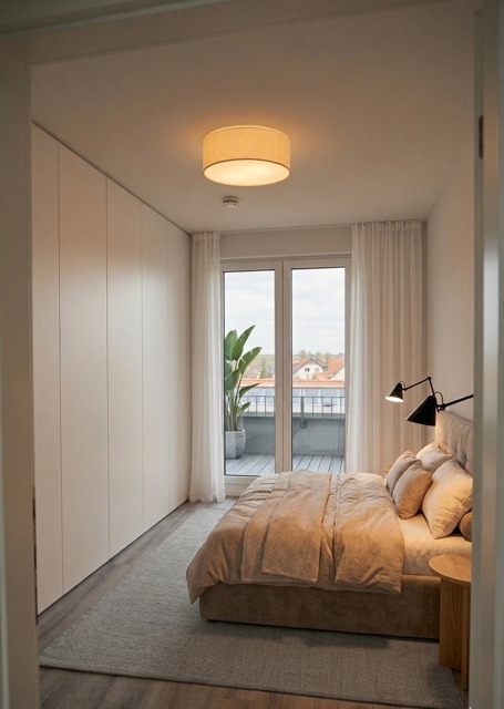 Schlafzimmer einer Neubauwohnung mit Balkonzugang
